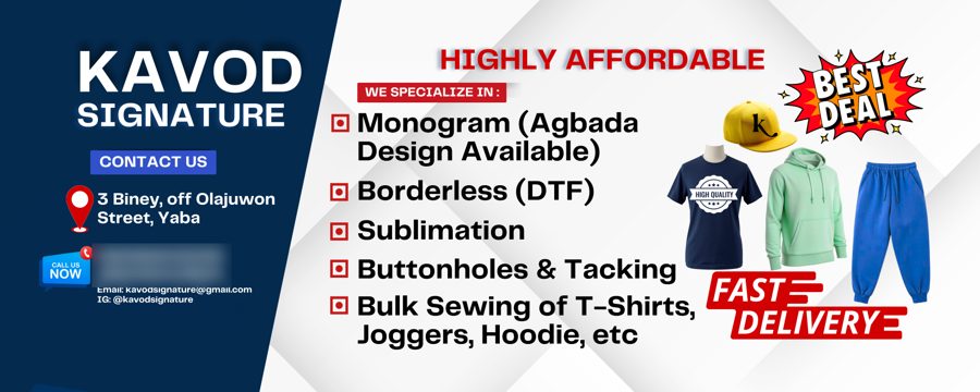 Signage banner for Kavod Signature listing monogram, DTF, sublimation and bulk sewing services