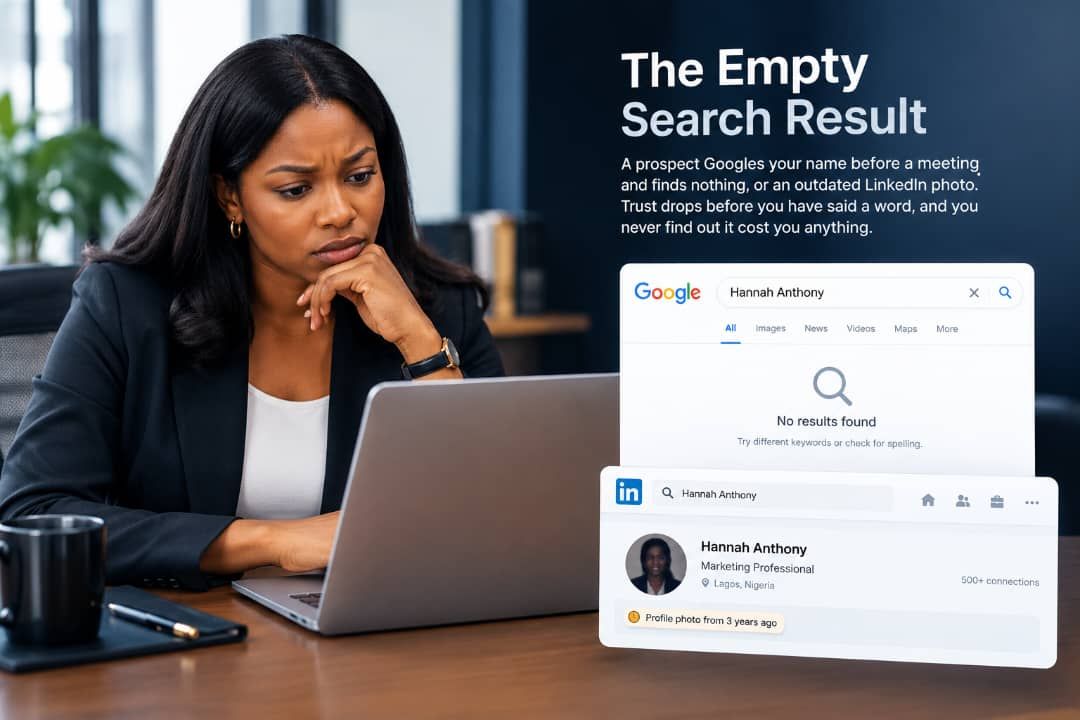 A professional frowning at a laptop where a Google search for her name shows no results and an outdated LinkedIn photo