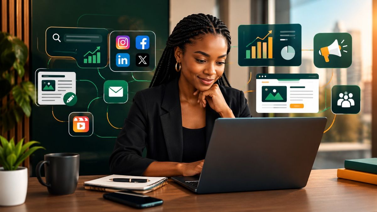A marketer working at a laptop, surrounded by connected icons for search, social media, email, a website and analytics