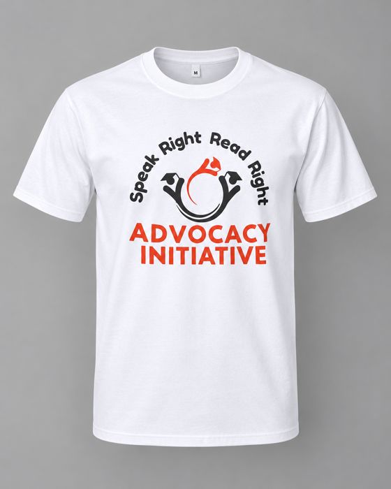 White T-shirt branded with the Speak Right Read Right Advocacy Initiative logo