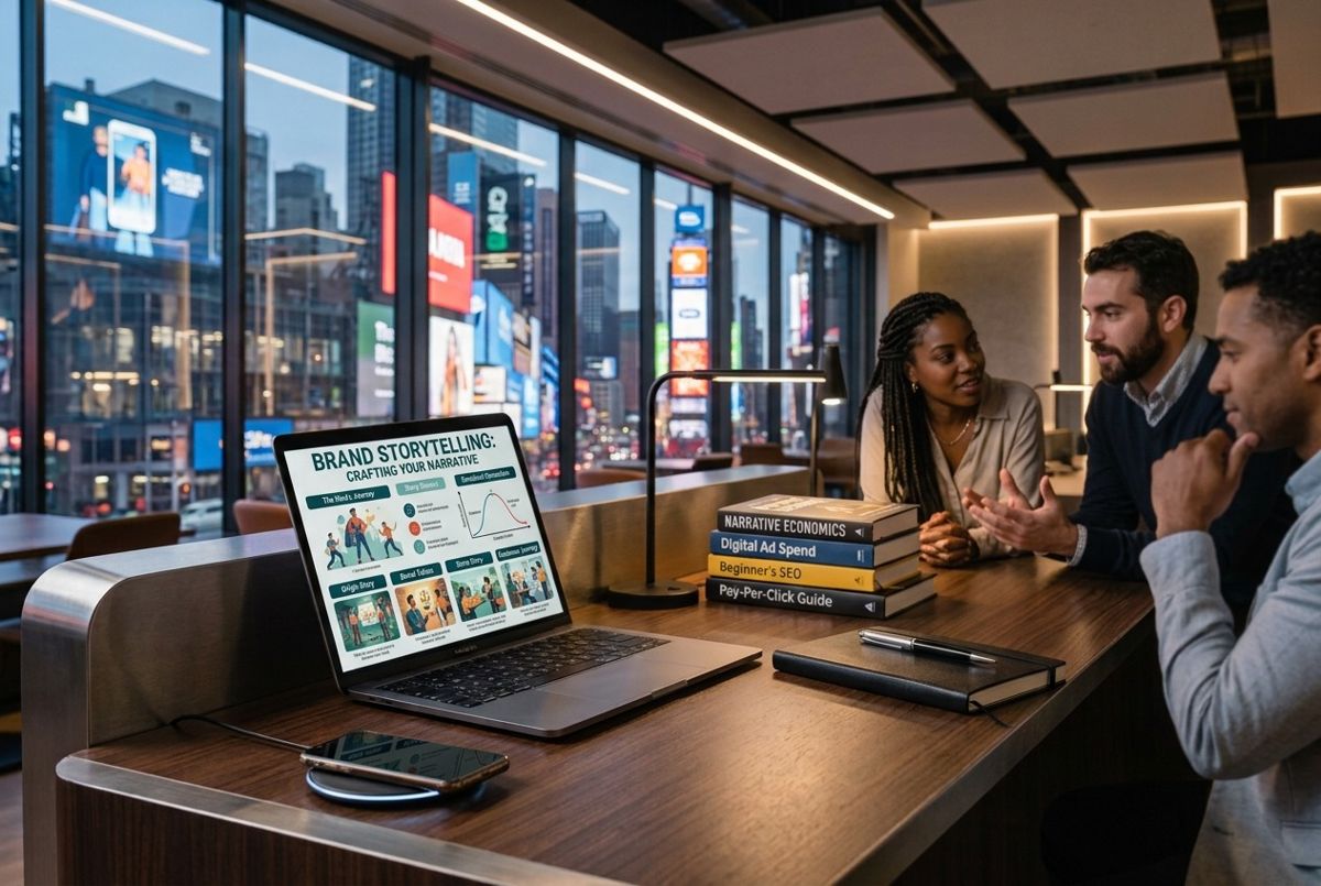 Colleagues talking around a laptop that shows a brand storytelling slide
