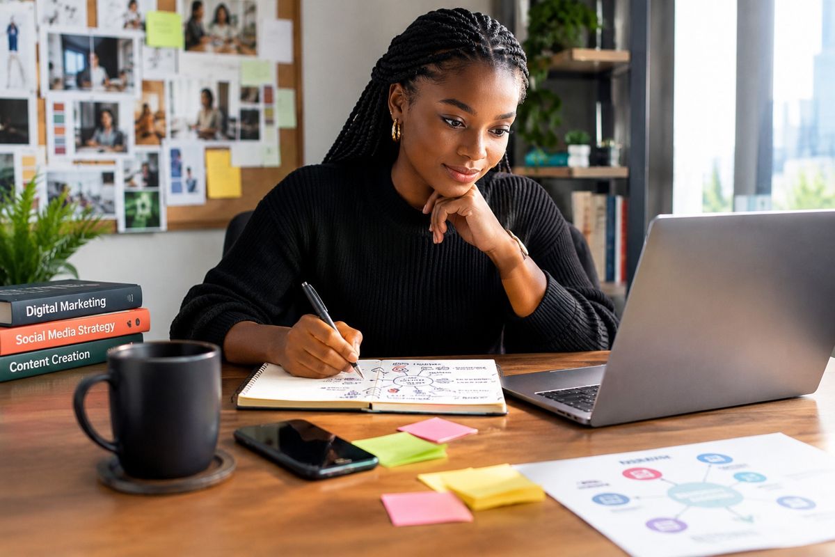 A marketer sketching a campaign plan in a notebook beside a laptop and sticky notes