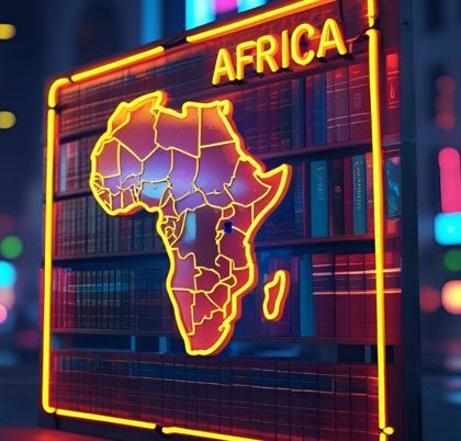 Illustration of the African continent in neon lights in front of a bookshelf